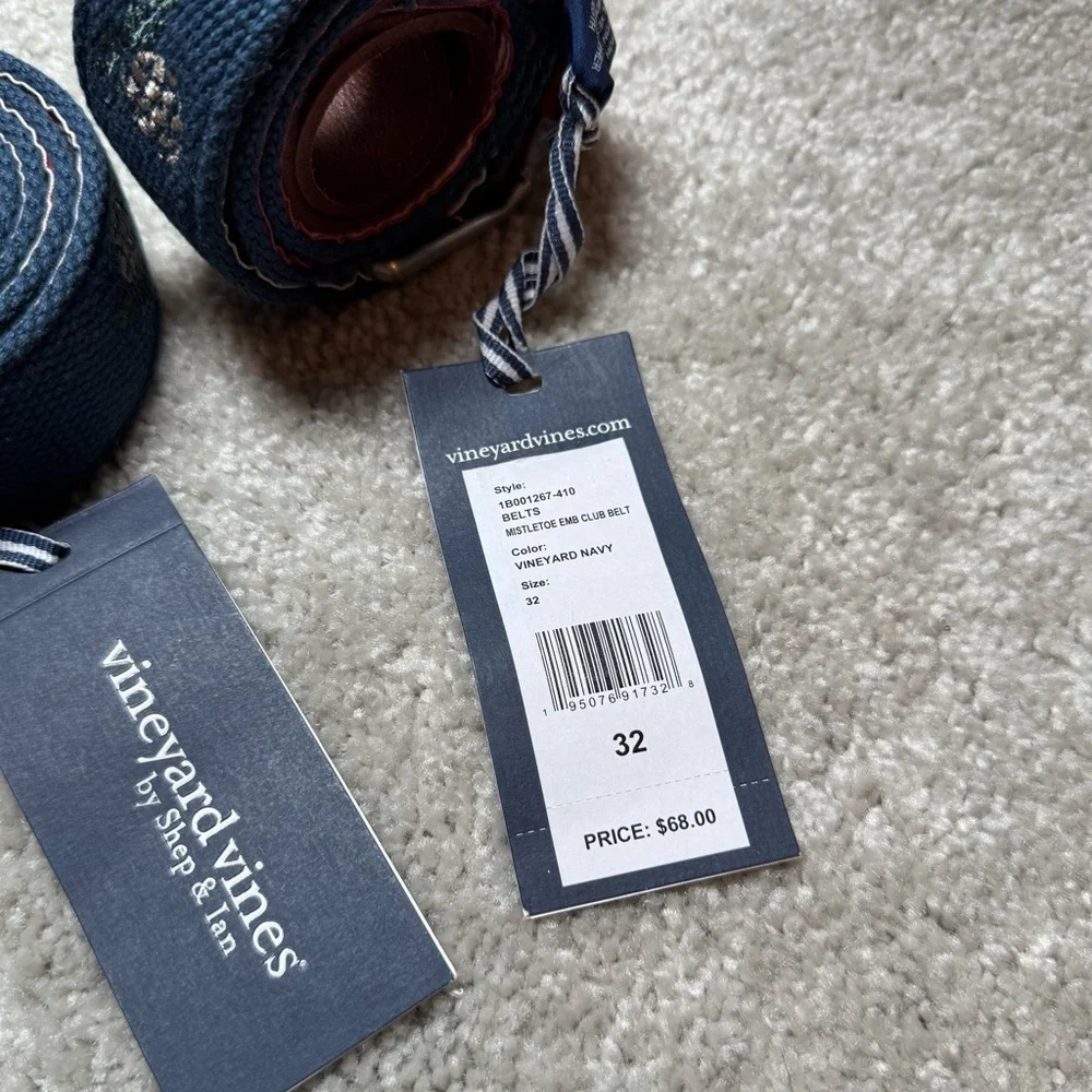 NWT Vineyard Vines Men's Navy Canvas Leather Club Belt Acorn $68 Sz 32 or 36